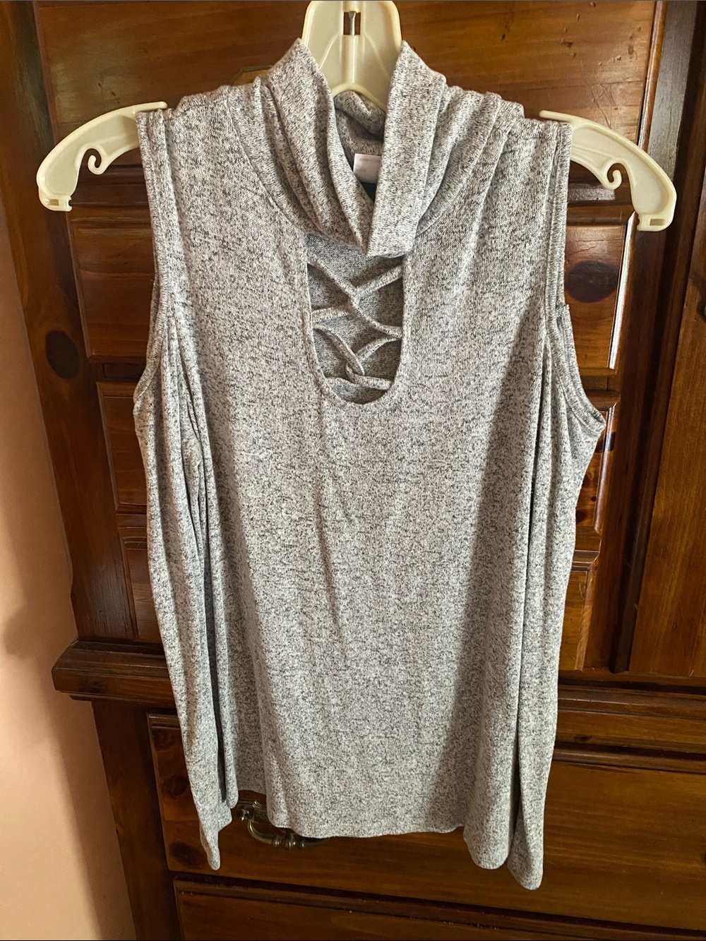 Venus  Heather Gray cold shoulder Mock Neck Tank with Crisscross front